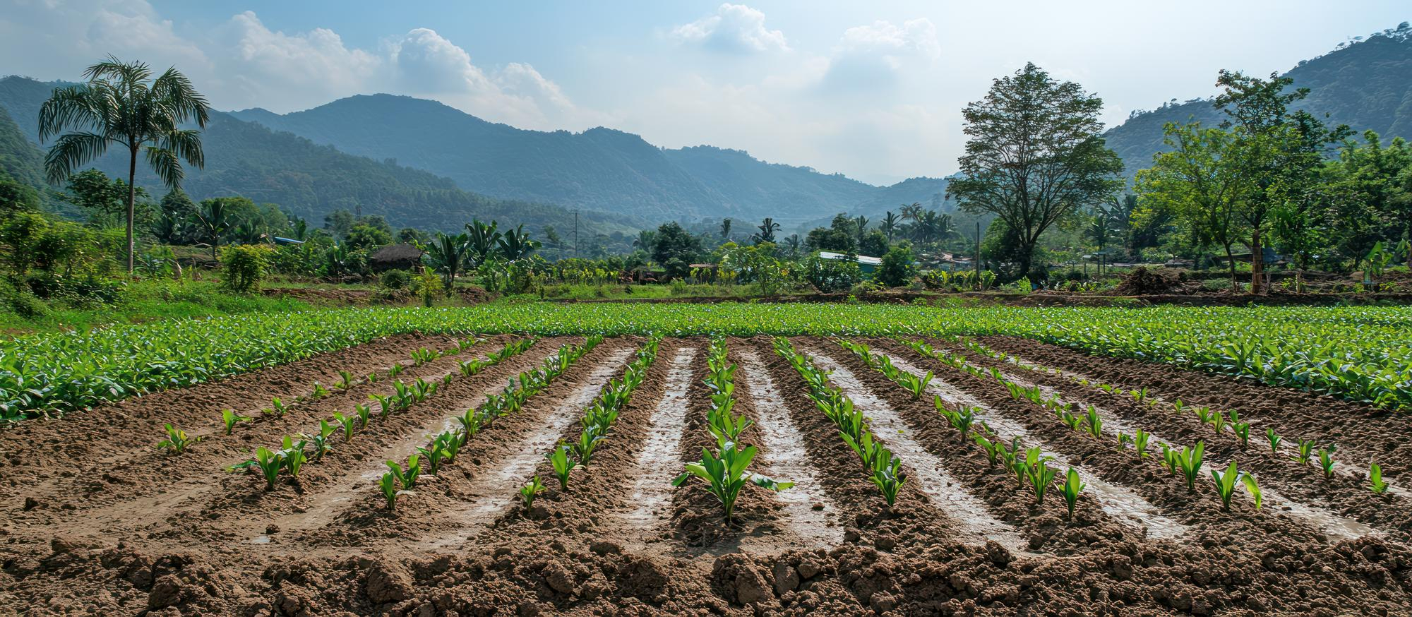 Jeunes pousses de maïs en rangées dans un champ cultivé avec des montagnes en arrière-plan sous un ciel nuageux
